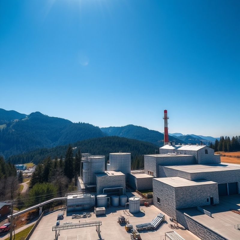 Zračni pogled na slovensko industrijsko lokacijo z gozdom v ozadju